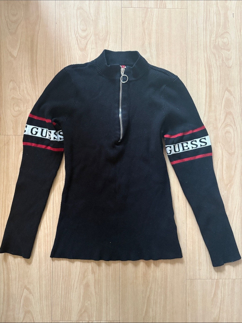 GUESS Black Ribbed Half-Zip Sweater with Red and White Sleeve Stripes